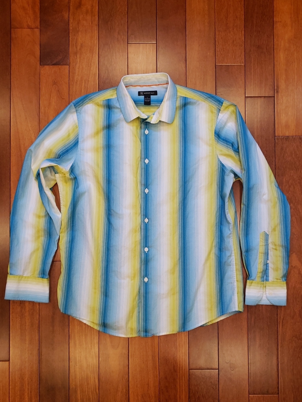 Men's Large Long Sleeve Button Down Shirt, White, Aqua and Chartreuse.